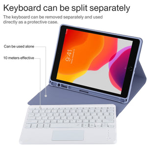 TG-102BCS Detachable Bluetooth White Keyboard + Microfiber Leather Tablet Case for iPad 10.2 inch / iPad Air (2019), with Touch Pad & Backlight & Pen Slot & Holder (Purple)