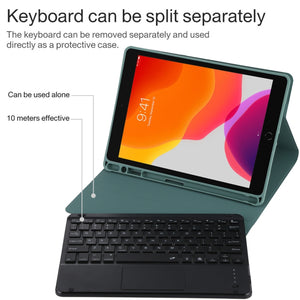 TG-102BCS Detachable Bluetooth Black Keyboard + Microfiber Leather Tablet Case for iPad 10.2 inch / iPad Air (2019), with Touch Pad & Backlight & Pen Slot & Holder (Dark Green)