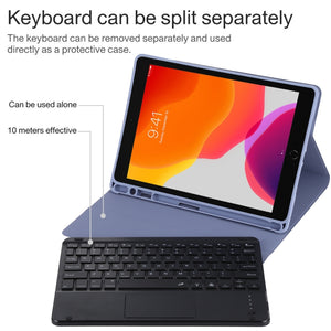 TG-102BCS Detachable Bluetooth Black Keyboard + Microfiber Leather Tablet Case for iPad 10.2 inch / iPad Air (2019), with Touch Pad & Backlight & Pen Slot & Holder (Purple)