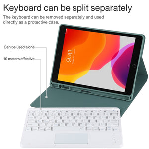 TG-102BC Detachable Bluetooth White Keyboard + Microfiber Leather Tablet Case for iPad 10.2 inch / iPad Air (2019), with Touch Pad & Pen Slot & Holder(Dark Green)