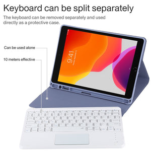 TG-102BC Detachable Bluetooth White Keyboard + Microfiber Leather Tablet Case for iPad 10.2 inch / iPad Air (2019), with Touch Pad & Pen Slot & Holder(Purple)