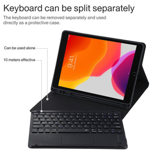 TG-102BC Detachable Bluetooth Black Keyboard + Microfiber Leather Tablet Case for iPad 10.2 inch / iPad Air (2019), with Touch Pad & Pen Slot & Holder(Black)