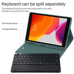 TG-102BC Detachable Bluetooth Black Keyboard + Microfiber Leather Tablet Case for iPad 10.2 inch / iPad Air (2019), with Touch Pad & Pen Slot & Holder(Dark Green)