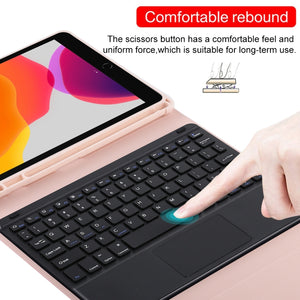 TG-102BC Detachable Bluetooth Black Keyboard + Microfiber Leather Tablet Case for iPad 10.2 inch / iPad Air (2019), with Touch Pad & Pen Slot & Holder(Pink)