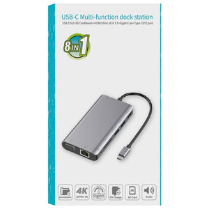Onten 9591BD 8 in 1 USB-C / Type-C to PD USB-C / Type-C Charging + Gigabit Ethernet + Dual USB 3.0 + HDMI + VGA + SD Card Slot + 3.5mm AUX HUB(Silver)