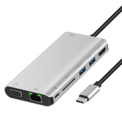 Onten 9591BD 8 in 1 USB-C / Type-C to PD USB-C / Type-C Charging + 100M Ethernet Port + Dual USB 3.0 + HDMI + VGA + SD Card Slot + 3.5mm AUX HUB (Silver)