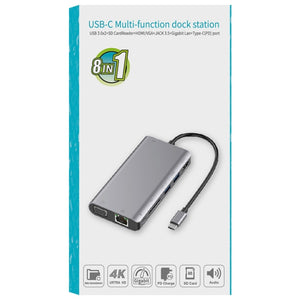 Onten 9591BD 8 in 1 USB-C / Type-C to PD USB-C / Type-C Charging + 100M Ethernet Port + Dual USB 3.0 + HDMI + VGA + SD Card Slot + 3.5mm AUX HUB (Silver)