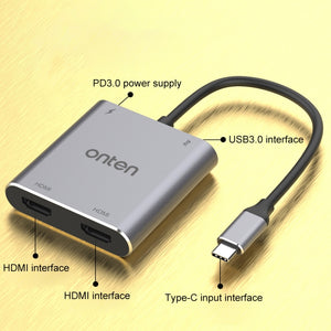 Onten 9175K 4 in 1 USB-C / Type-C to Dual HDMI + USB 3.0 + PD3.0 USB-C / Type-C Charging Port 4K HD Video Converter