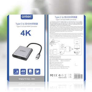 Onten 9175K 4 in 1 USB-C / Type-C to Dual HDMI + USB 3.0 + PD3.0 USB-C / Type-C Charging Port 4K HD Video Converter
