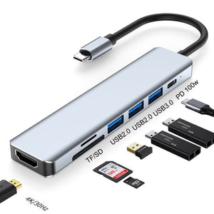 7 In 1 HDMI+SD/TF+USB2.0x2+USB3.0+PD to Type-C HUB Docking Station
