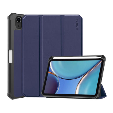 For iPad mini 6 ENKAY Custer Texture Horizontal Flip PU+TPU Leather Tablet Case with Three-folding Holder & Sleep / Wake-up Function & Pen Holder(Dark Blue)