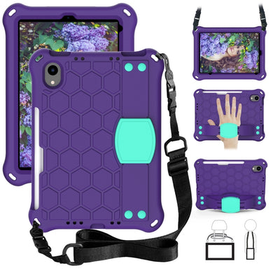 For iPad mini 6 Honeycomb Design EVA + PC Material Four Corner Anti Falling Flat Protective Shell With Strap(Purple+Aqua)