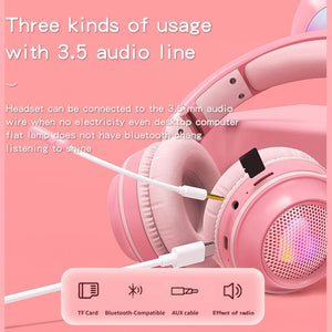 KE-01 Rabbit Ear Wireless Bluetooth 5.0 Stereo Music Foldable Headset with Mic For PC(White Pink)