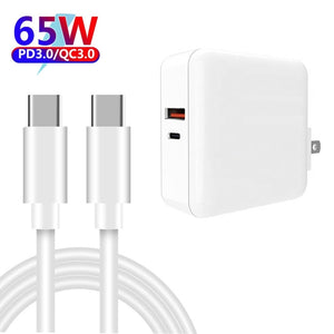 A6 65W QC 3.0 USB + PD USB-C / Type-C Dual Fast Charging Laptop Adapter + 2m USB-C / Type-C to USB-C / Type-C Data Cable Set for MacBook Series, US Plug + UK Plug
