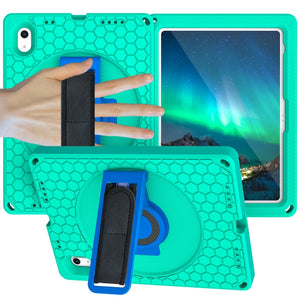 For iPad 10th Gen 10.9 2022 360 Rotation Stand EVA Hard PC Tablet Case with Strap(Glacier+Blue)