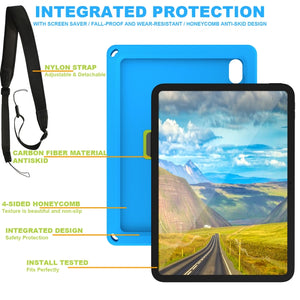 For iPad 10th Gen 10.9 2022 360 Rotation Stand EVA Hard PC Tablet Case with Strap(Blue+Green)