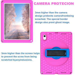 For iPad 10th Gen 10.9 2022 360 Rotation Stand EVA Hard PC Tablet Case with Strap(Rose+Blue)