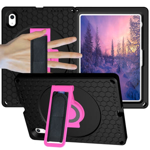 For iPad 10th Gen 10.9 2022 360 Rotation Stand EVA Hard PC Tablet Case with Strap(Black+Rose)