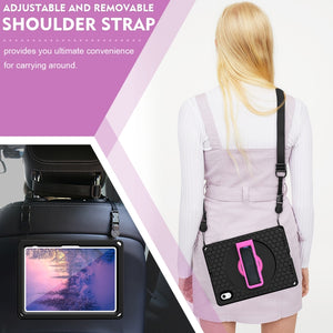 For iPad 10th Gen 10.9 2022 360 Rotation Stand EVA Hard PC Tablet Case with Strap(Black+Rose)