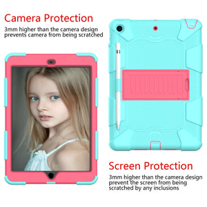 For iPad 10.2 Shockproof Two-Color Silicone Protection Case with Holder & Pen Slot(TeaL+Hot Pink)