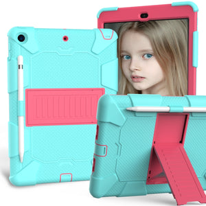 For iPad 10.2 Shockproof Two-Color Silicone Protection Case with Holder & Pen Slot(TeaL+Hot Pink)