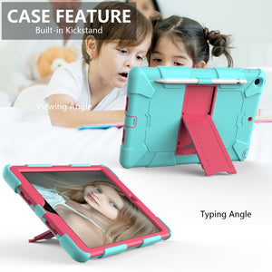 For iPad 10.2 Shockproof Two-Color Silicone Protection Case with Holder & Pen Slot(TeaL+Hot Pink)