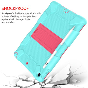 For iPad 10.2 Shockproof Two-Color Silicone Protection Case with Holder & Pen Slot(TeaL+Hot Pink)