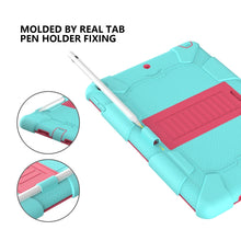 For iPad 10.2 Shockproof Two-Color Silicone Protection Case with Holder & Pen Slot(TeaL+Hot Pink)