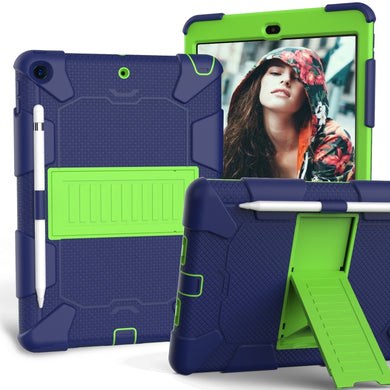 For iPad 10.2 Shockproof Two-Color Silicone Protection Case with Holder & Pen Slot(Dark Blue+Green)