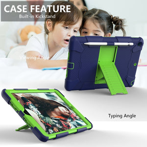 For iPad 10.2 Shockproof Two-Color Silicone Protection Case with Holder & Pen Slot(Dark Blue+Green)