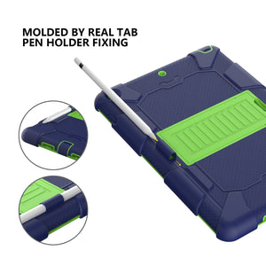 For iPad 10.2 Shockproof Two-Color Silicone Protection Case with Holder & Pen Slot(Dark Blue+Green)