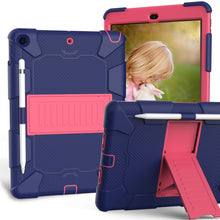 For iPad 10.2 Shockproof Two-Color Silicone Protection Case with Holder & Pen Slot(Dark Blue+Hot Pink)