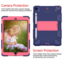 For iPad 10.2 Shockproof Two-Color Silicone Protection Case with Holder & Pen Slot(Dark Blue+Hot Pink)