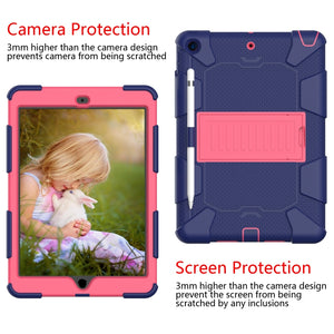 For iPad 10.2 Shockproof Two-Color Silicone Protection Case with Holder & Pen Slot(Dark Blue+Hot Pink)