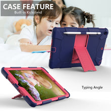 For iPad 10.2 Shockproof Two-Color Silicone Protection Case with Holder & Pen Slot(Dark Blue+Hot Pink)