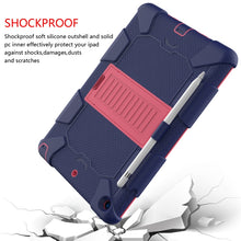 For iPad 10.2 Shockproof Two-Color Silicone Protection Case with Holder & Pen Slot(Dark Blue+Hot Pink)