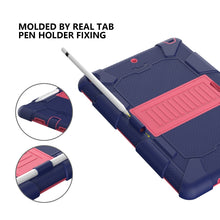 For iPad 10.2 Shockproof Two-Color Silicone Protection Case with Holder & Pen Slot(Dark Blue+Hot Pink)