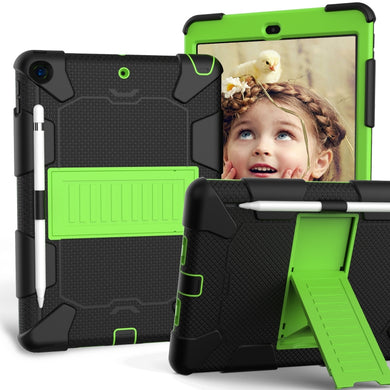 For iPad 10.2 Shockproof Two-Color Silicone Protection Case with Holder & Pen Slot(Black+Green)