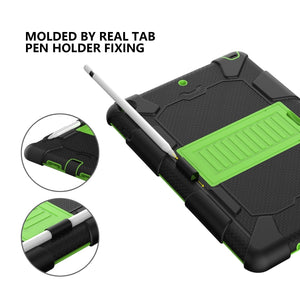 For iPad 10.2 Shockproof Two-Color Silicone Protection Case with Holder & Pen Slot(Black+Green)