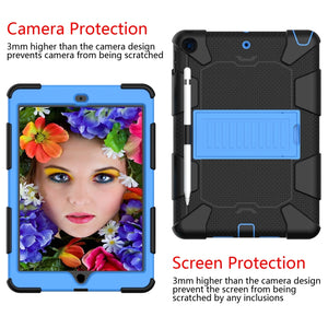 For iPad 10.2 Shockproof Two-Color Silicone Protection Case with Holder & Pen Slot(Black+Blue)