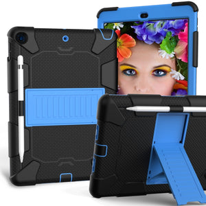 For iPad 10.2 Shockproof Two-Color Silicone Protection Case with Holder & Pen Slot(Black+Blue)