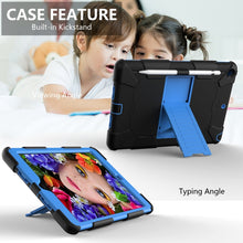 For iPad 10.2 Shockproof Two-Color Silicone Protection Case with Holder & Pen Slot(Black+Blue)