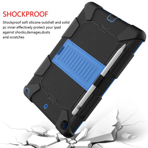 For iPad 10.2 Shockproof Two-Color Silicone Protection Case with Holder & Pen Slot(Black+Blue)