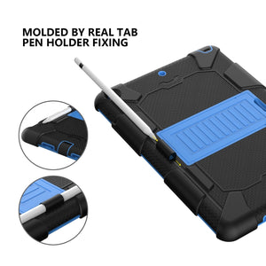 For iPad 10.2 Shockproof Two-Color Silicone Protection Case with Holder & Pen Slot(Black+Blue)