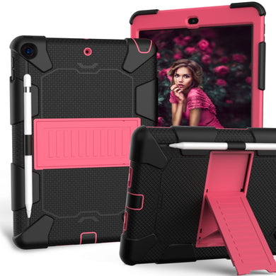 For iPad 10.2 Shockproof Two-Color Silicone Protection Case with Holder & Pen Slot(Black+Hot Pink)