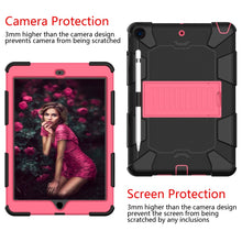 For iPad 10.2 Shockproof Two-Color Silicone Protection Case with Holder & Pen Slot(Black+Hot Pink)