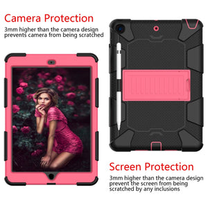 For iPad 10.2 Shockproof Two-Color Silicone Protection Case with Holder & Pen Slot(Black+Hot Pink)