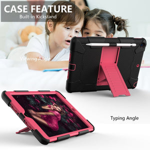 For iPad 10.2 Shockproof Two-Color Silicone Protection Case with Holder & Pen Slot(Black+Hot Pink)