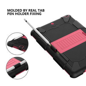 For iPad 10.2 Shockproof Two-Color Silicone Protection Case with Holder & Pen Slot(Black+Hot Pink)