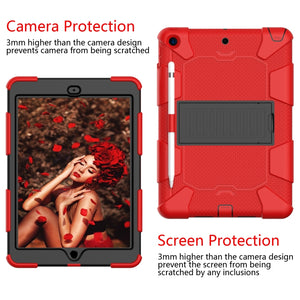 For iPad 10.2 Shockproof Two-Color Silicone Protection Case with Holder & Pen Slot(Red+Black)